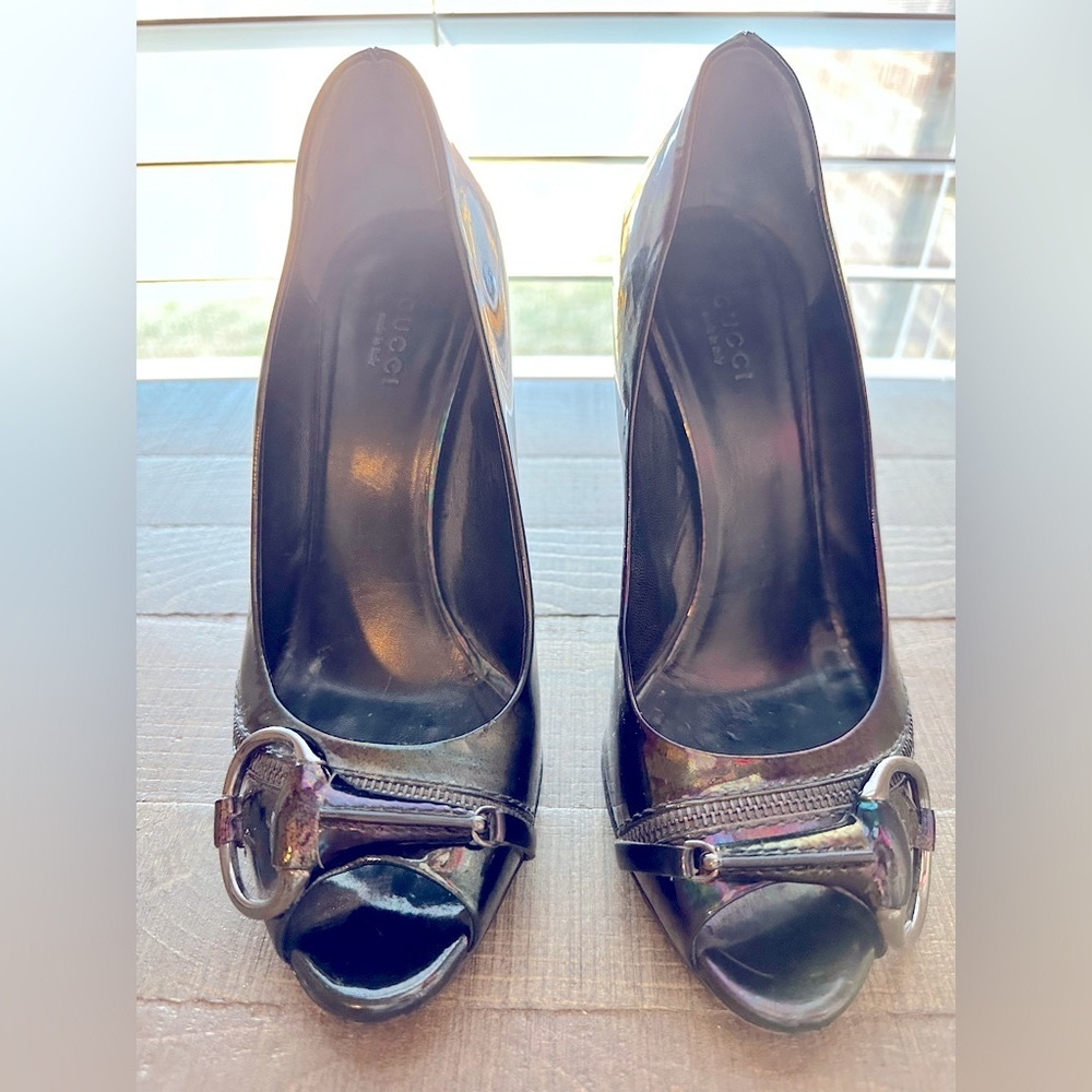 Gucci Patent Leather Peep-toe Horsebit Pumps